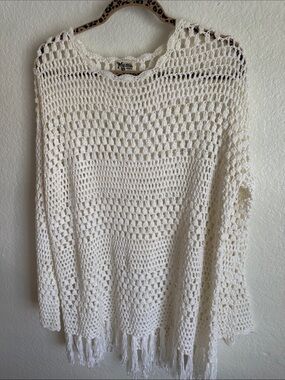 Show Me Your MuMu Paula Crochet Cream Open-Knit Fringe Crewneck Sweater